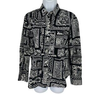 CHICOS Floral Persian Geo 100% Cotton Career Button Up Shirt Size 0 US S
